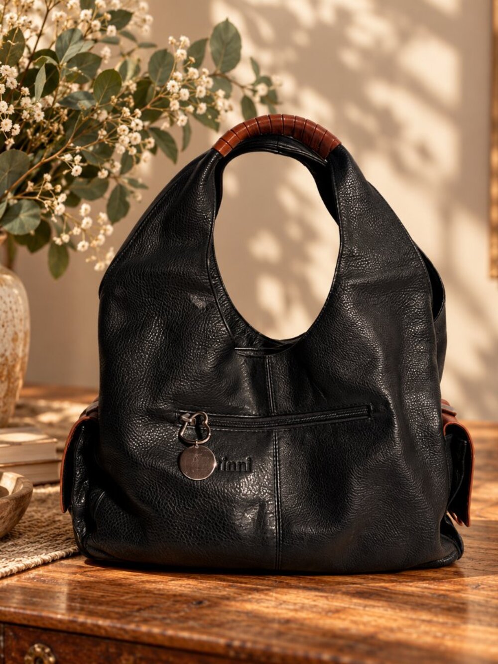 Patinni Black & Brown Hobo Shoulder Bag – Large Vintage Style